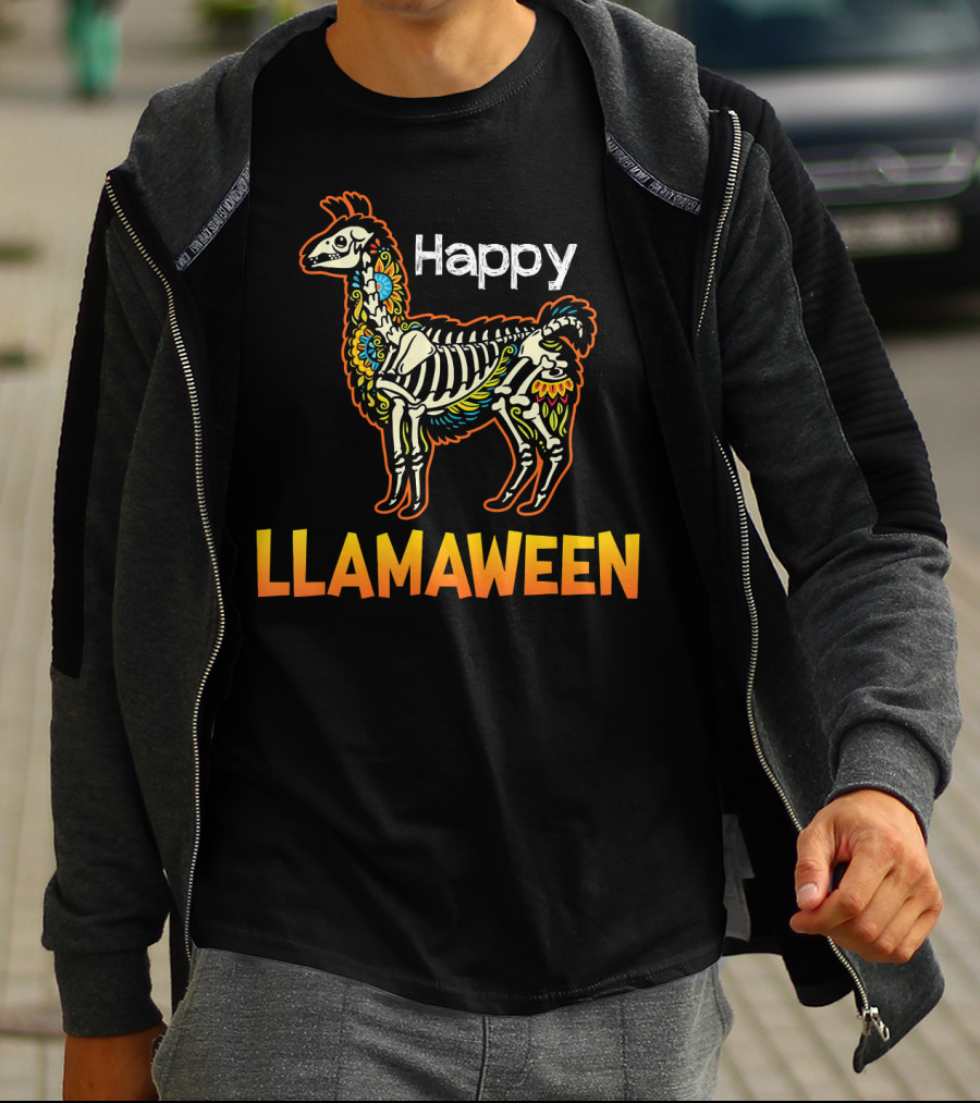 Happy Llamaween Funny Llama Skeleton Halloween T-Shirt