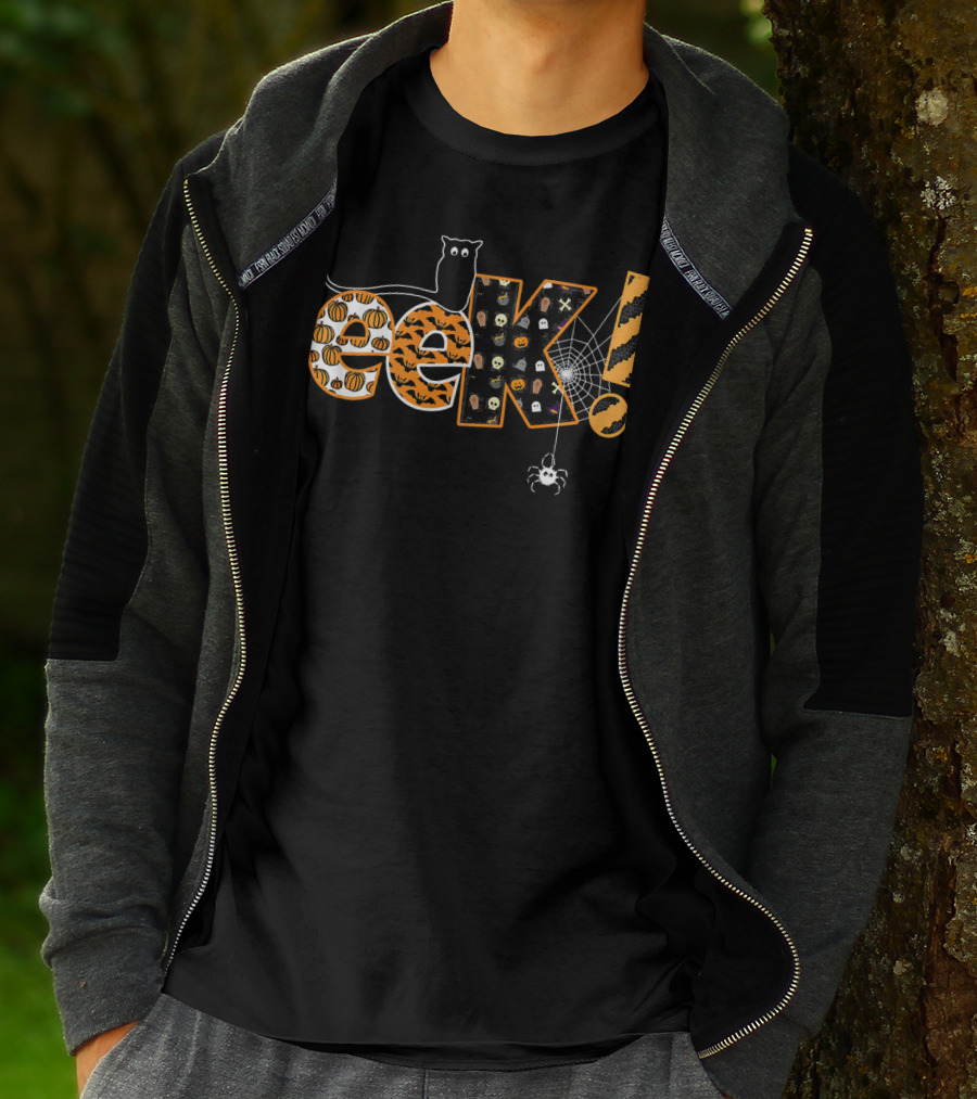 Boo EEK Halloween Funny Cat With Spider Web And Pumpkin T-Shirt