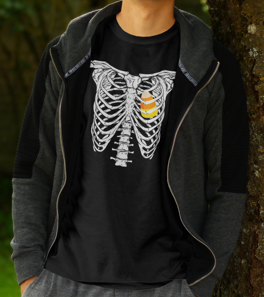 Candy Corn Inside Skeleton Ribs Halloween Humor T-Shirt