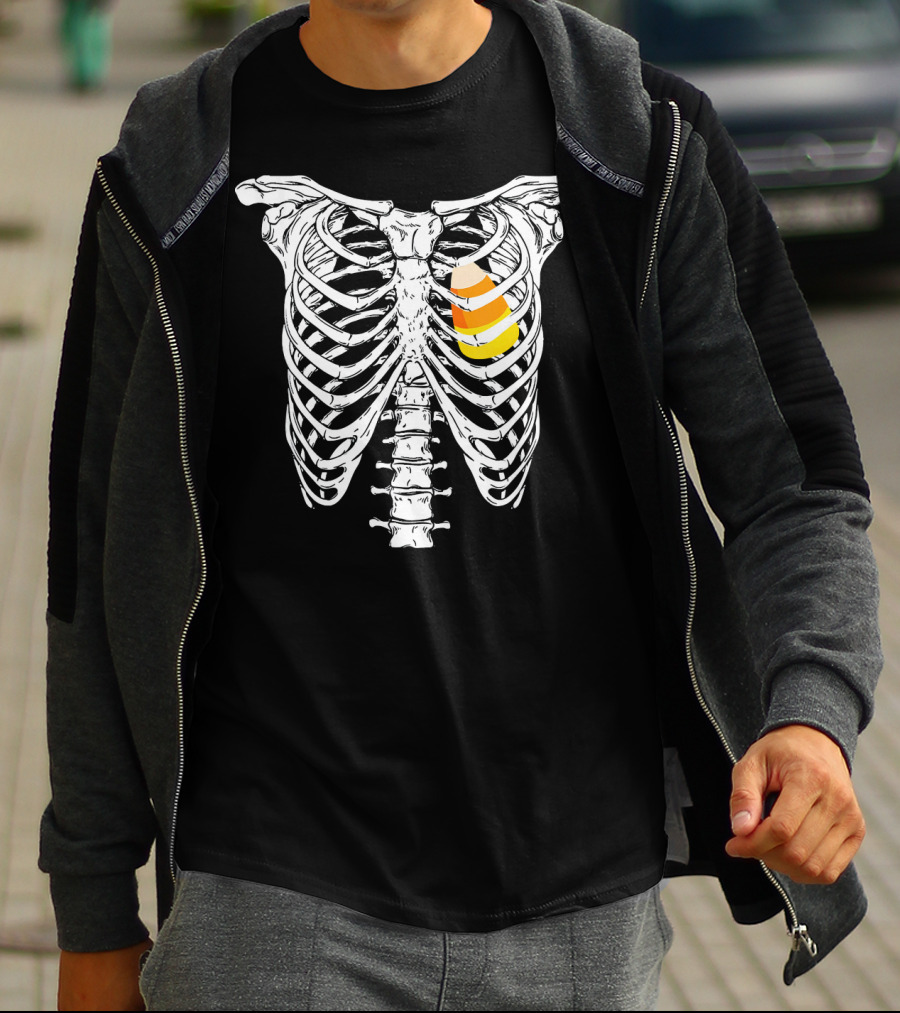 Candy Corn Inside Skeleton Ribs Halloween Humor T-Shirt