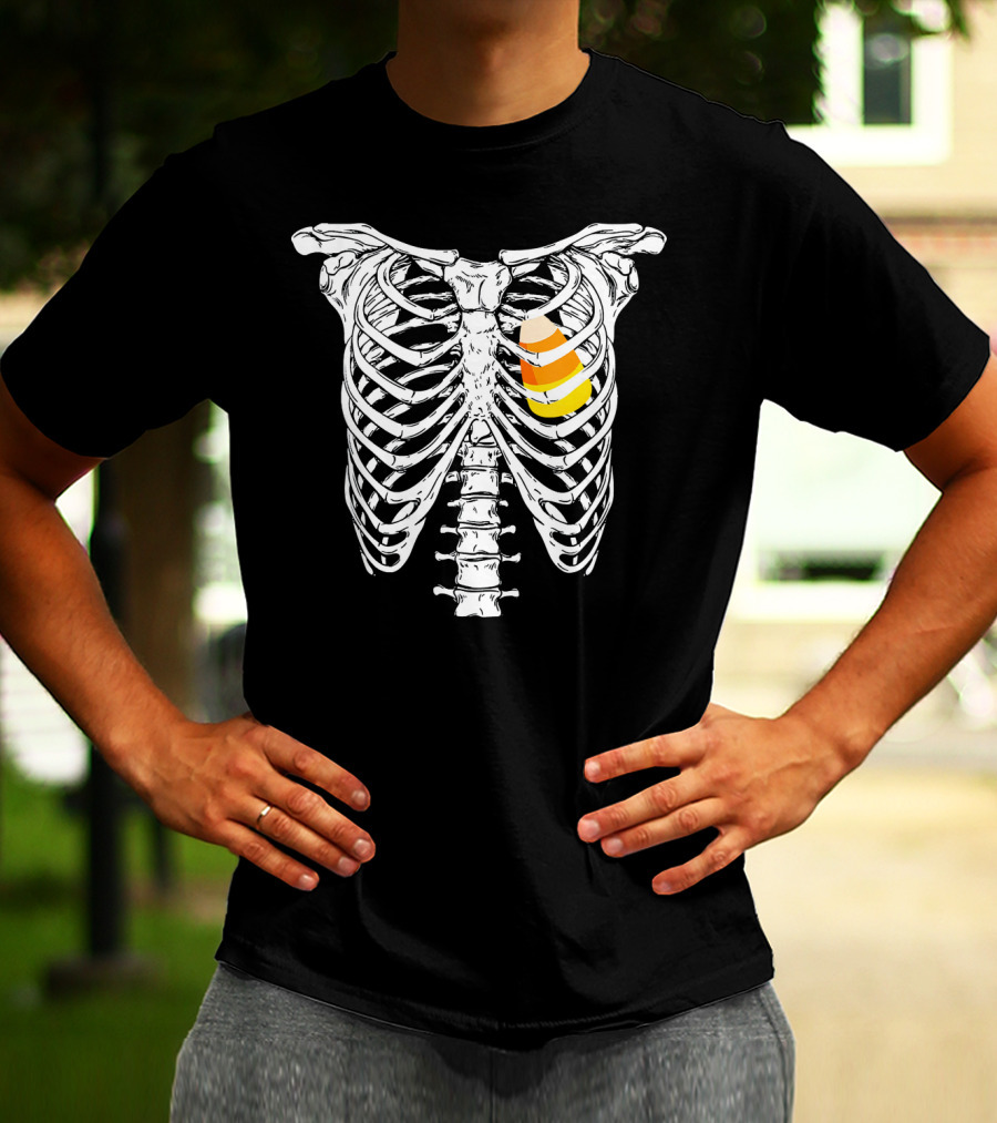 Candy Corn Inside Skeleton Ribs Halloween Humor T-Shirt