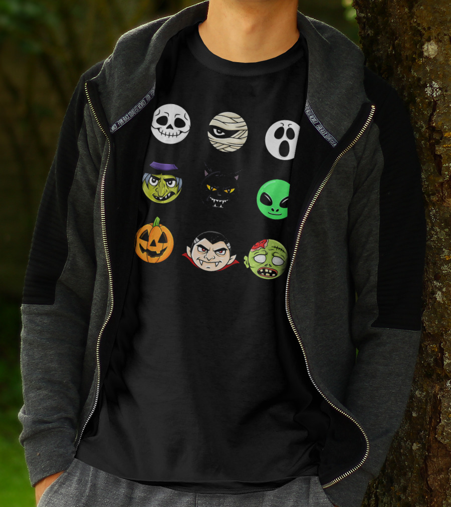Scary Faces Halloween Emoji Emoji Icons Vampire Mummy Alien Ghost Pumpkin Monster Cat Witch T-Shirt