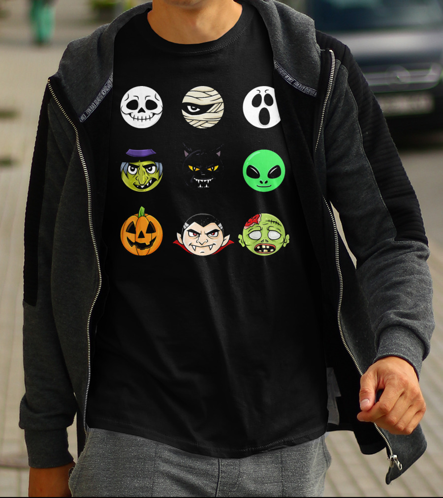 Scary Faces Halloween Emoji Emoji Icons Vampire Mummy Alien Ghost Pumpkin Monster Cat Witch T-Shirt