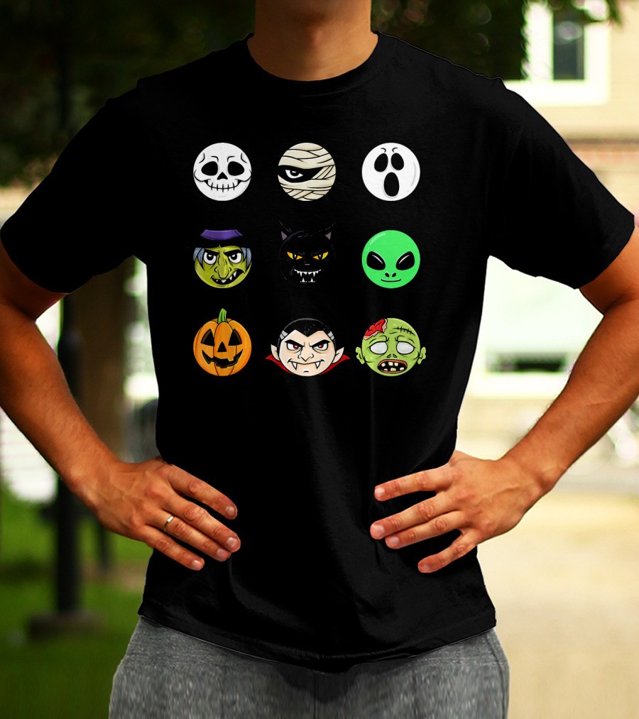 Scary Faces Halloween Emoji Emoji Icons Vampire Mummy Alien Ghost Pumpkin Monster Cat Witch T-Shirt
