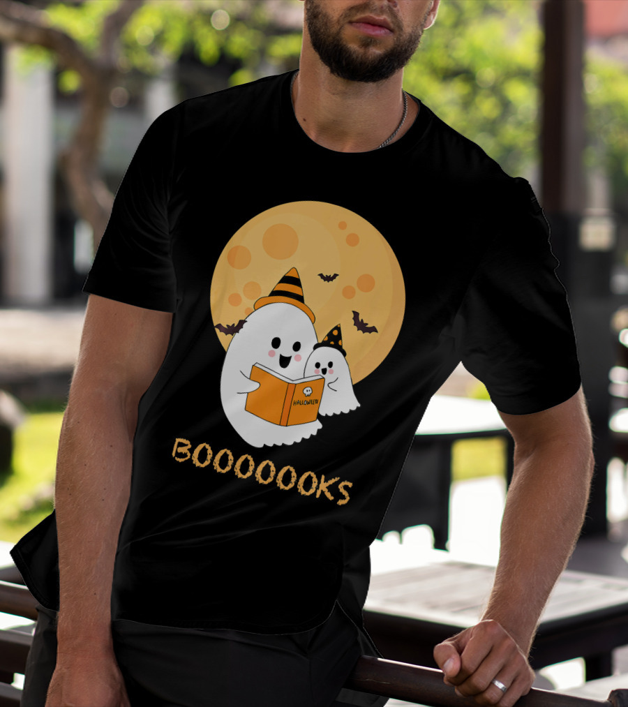 Halloween Ghosts Reading Boooooks Under Full Moon T-Shirt