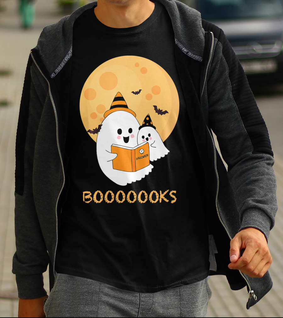 Halloween Ghosts Reading Boooooks Under Full Moon T-Shirt