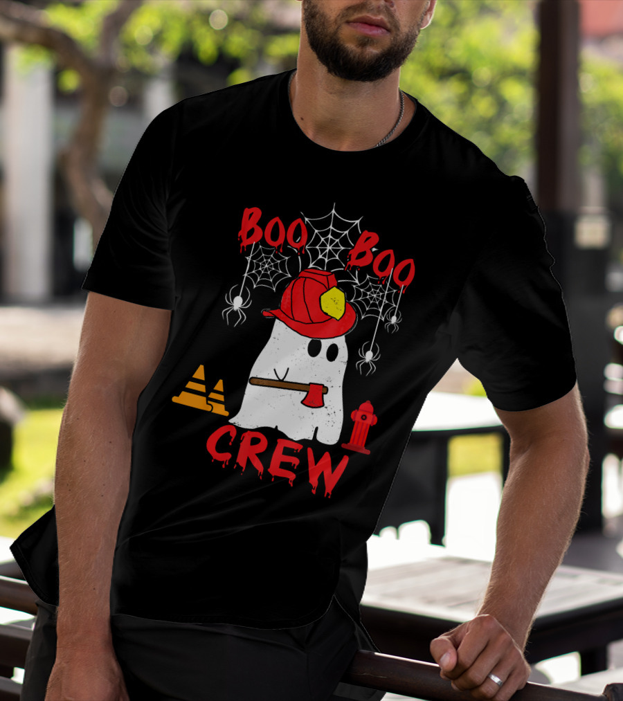 Boo Boo Crew Firefighter Halloween Ghost Spiderwebs And Axe T-Shirt