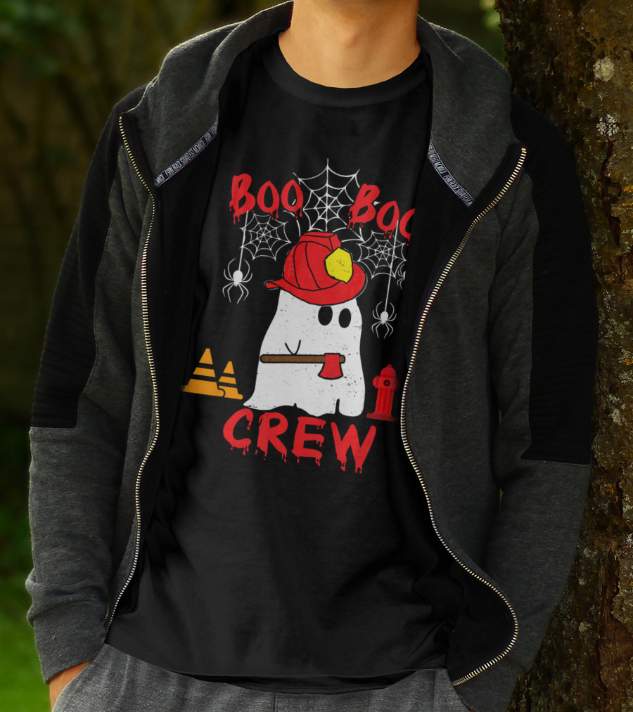 Boo Boo Crew Firefighter Halloween Ghost Spiderwebs And Axe T-Shirt