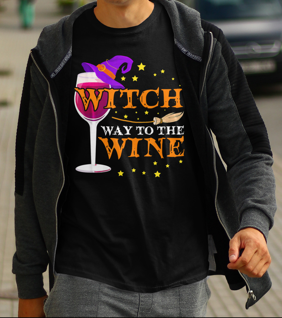 Witch Way To The Wine Halloween Wizard Hat Broomstick Stars T-Shirt
