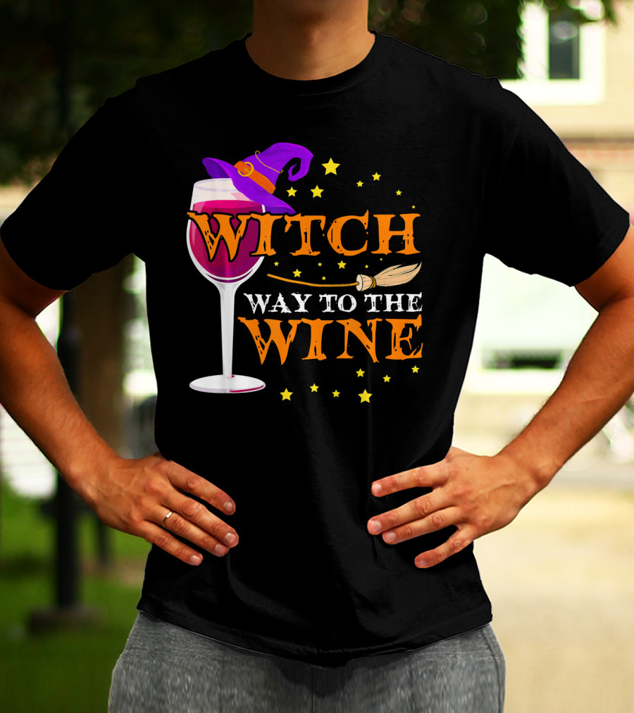 Witch Way To The Wine Halloween Wizard Hat Broomstick Stars T-Shirt
