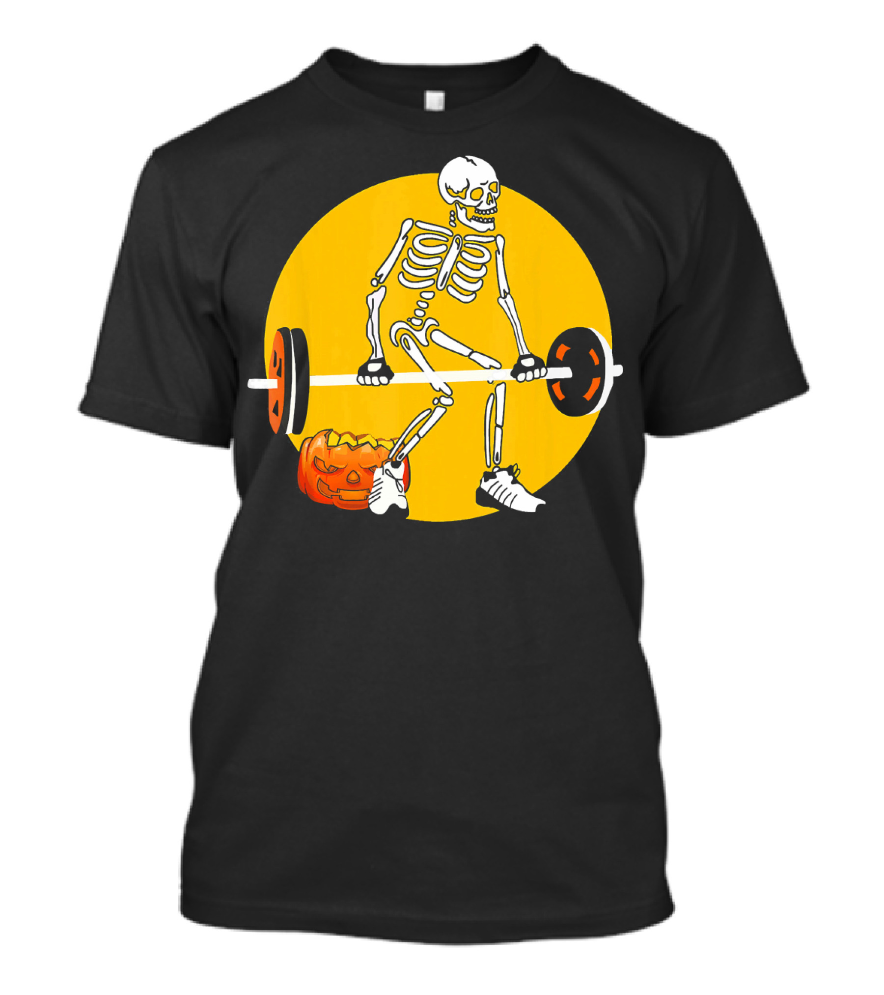 Skeleton Weightlifting With Pumpkin In Yellow Circle T-Shirt