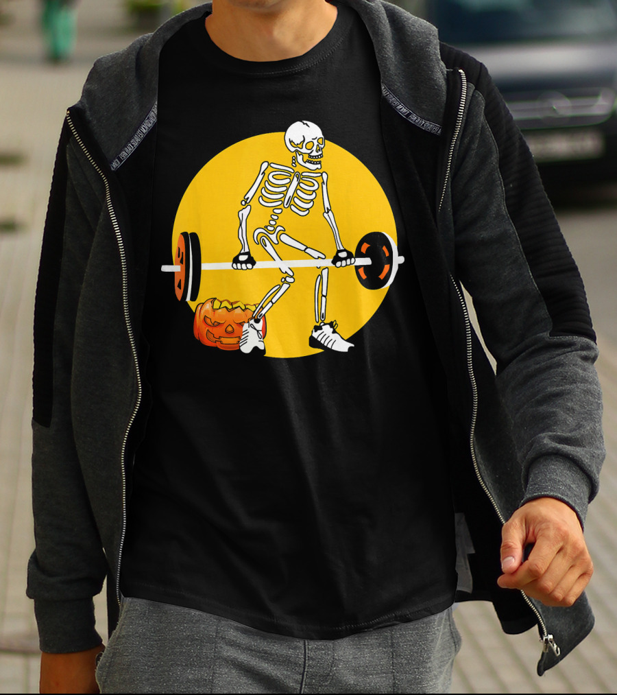 Skeleton Weightlifting With Pumpkin In Yellow Circle T-Shirt