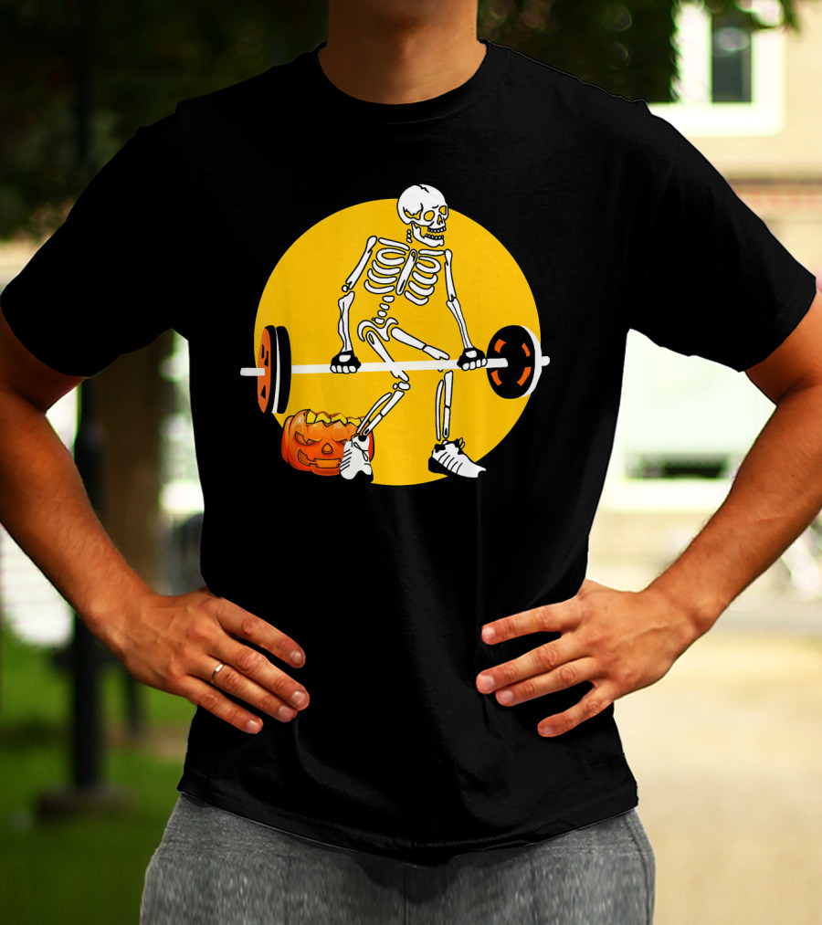 Skeleton Weightlifting With Pumpkin In Yellow Circle T-Shirt