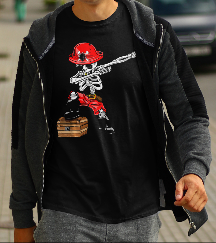 Dabbing Skeleton Pirate With Red Hat And Treasure Chest T-Shirt