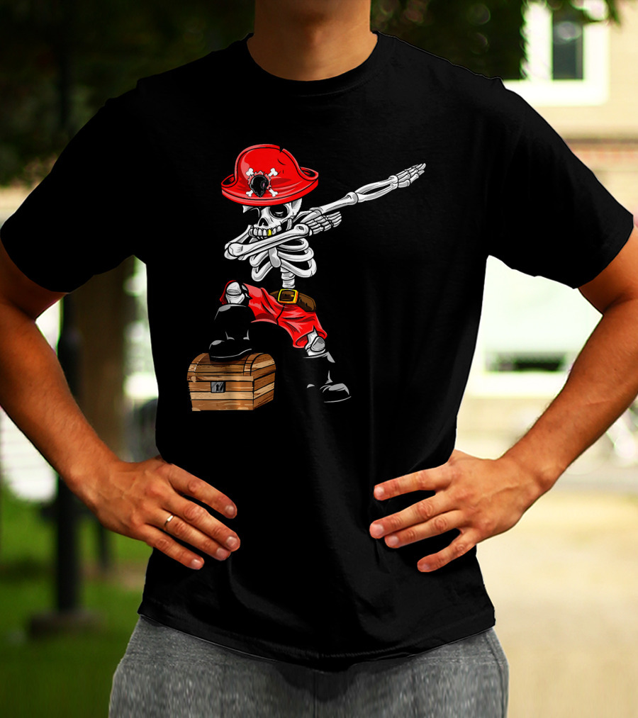 Dabbing Skeleton Pirate With Red Hat And Treasure Chest T-Shirt