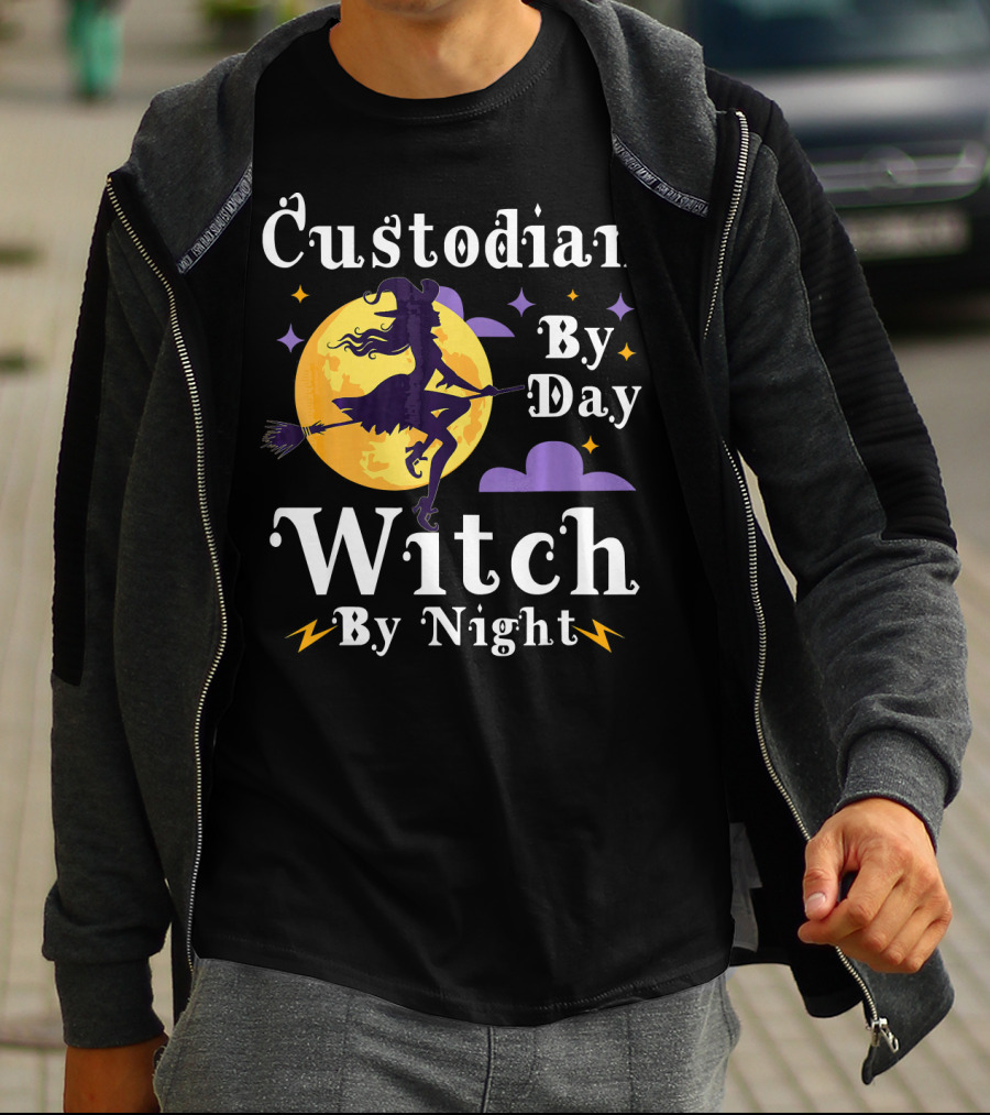 Custodian By Day Witch By Night Flying Broomstick Moon And Stars T-Shirt