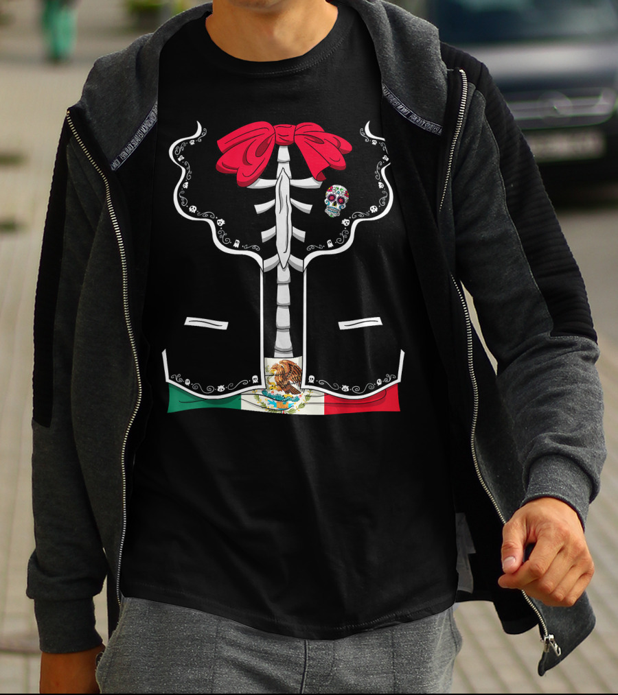 Day Of The Dead Dia De Los Muertos Mexican Skeleton Costume México Flag Sugar Skull Bow T-Shirt