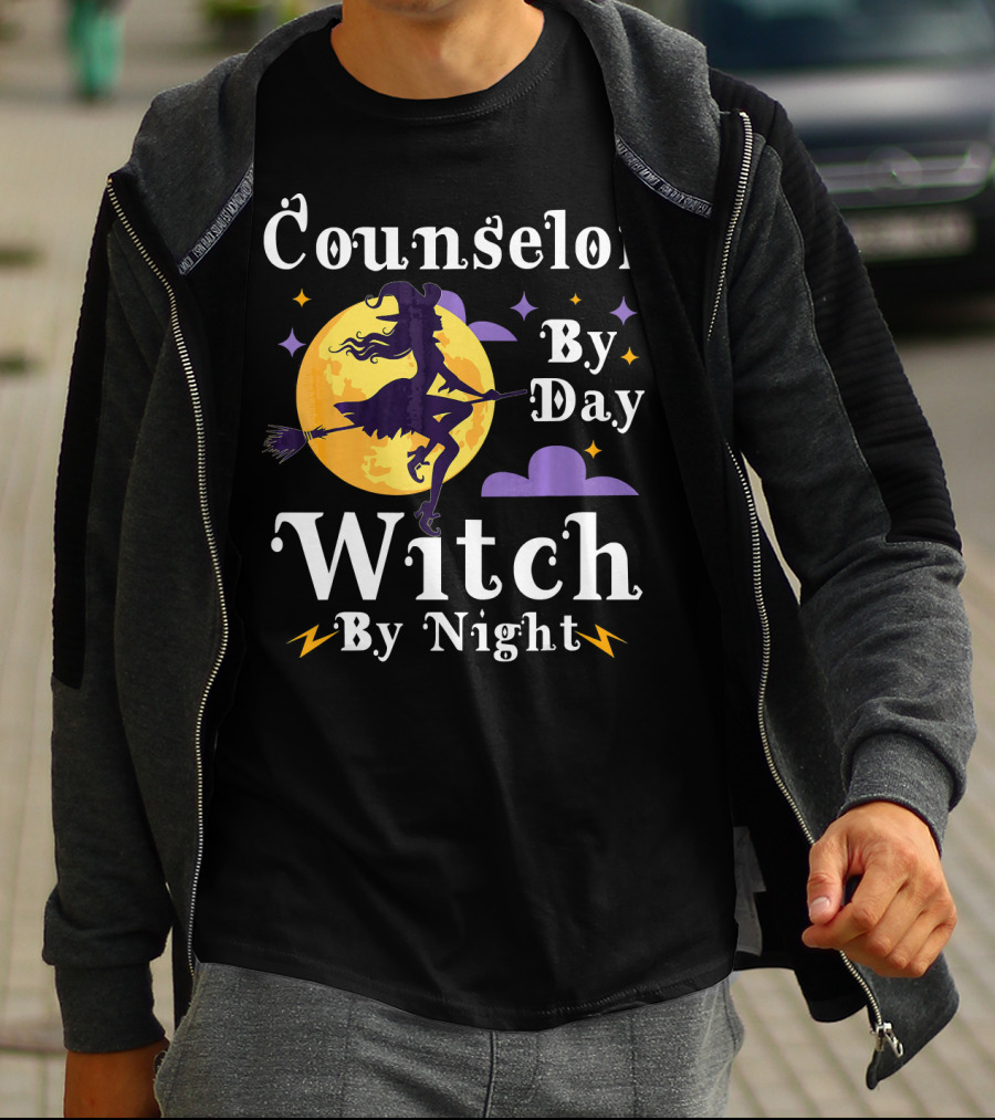 Counselor By Day Witch By Night Flying Broomstick And Full Moon T-Shirt