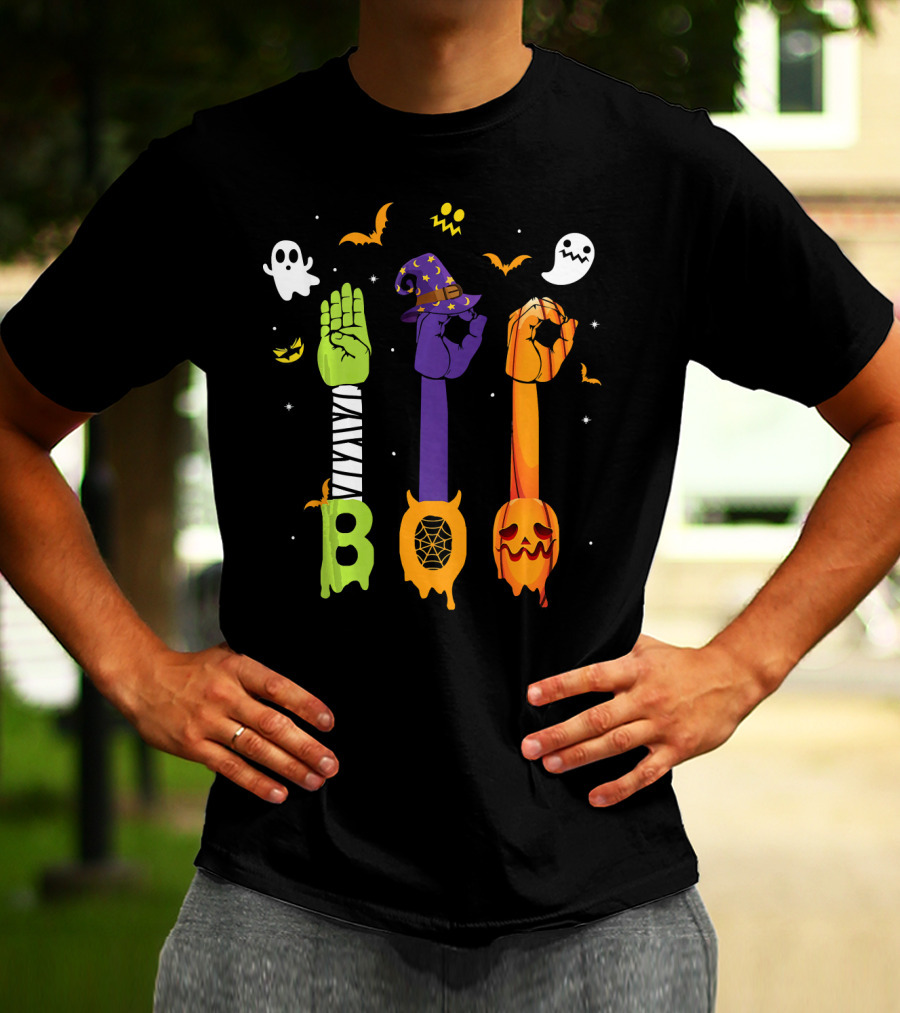 Boo Zombie Hand Sign Witch Hat Pumpkin Ghosts Halloween T-Shirt