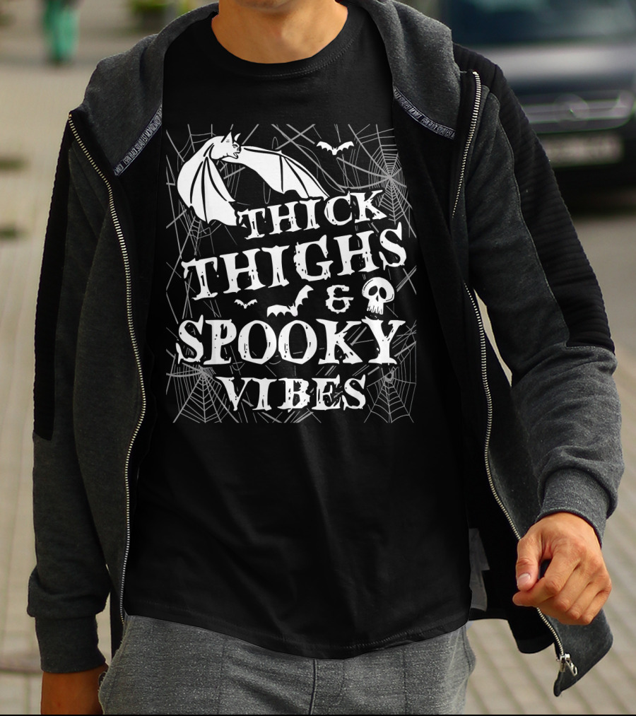 Thick Thighs Spooky Vibes Bat Skull Spider Webs T-Shirt