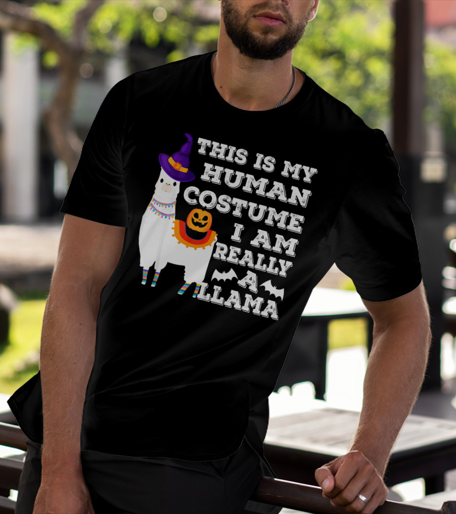 THIS IS MY HUMAN COSTUME I AM REALLY A LLAMA HALLOWEEN WITCH HAT PUMPKIN BAT T-Shirt