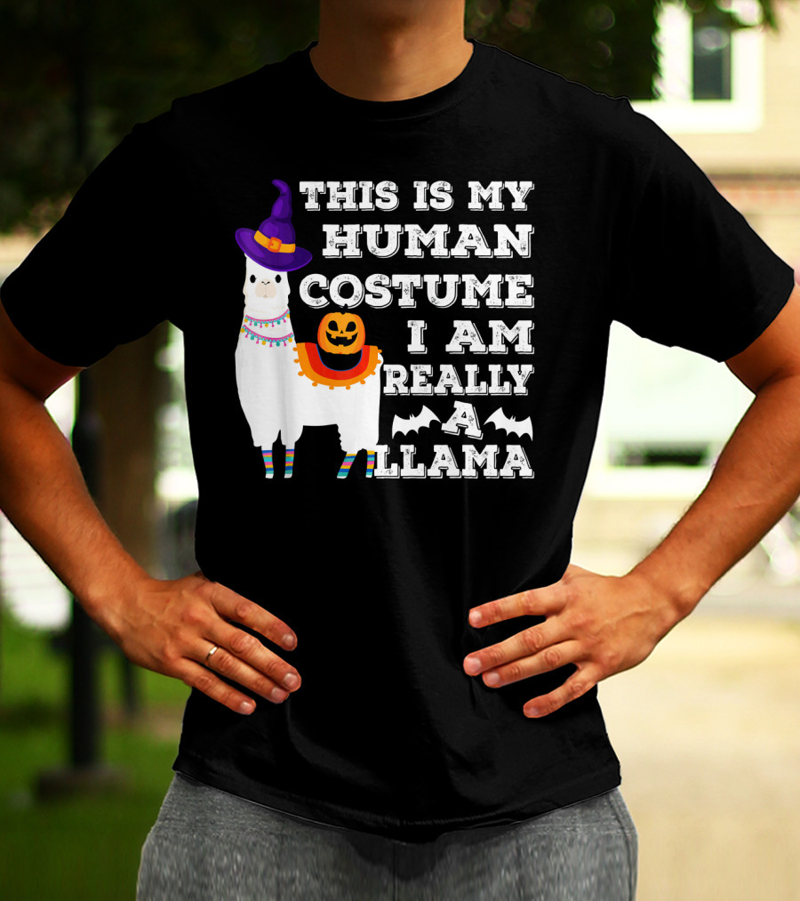 THIS IS MY HUMAN COSTUME I AM REALLY A LLAMA HALLOWEEN WITCH HAT PUMPKIN BAT T-Shirt