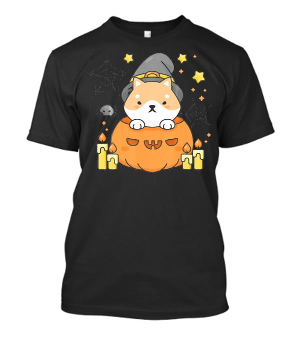 Kawaii Shiba Inu Dog In Witch Hat With Pumpkin And Candles Japanese T-Shirt