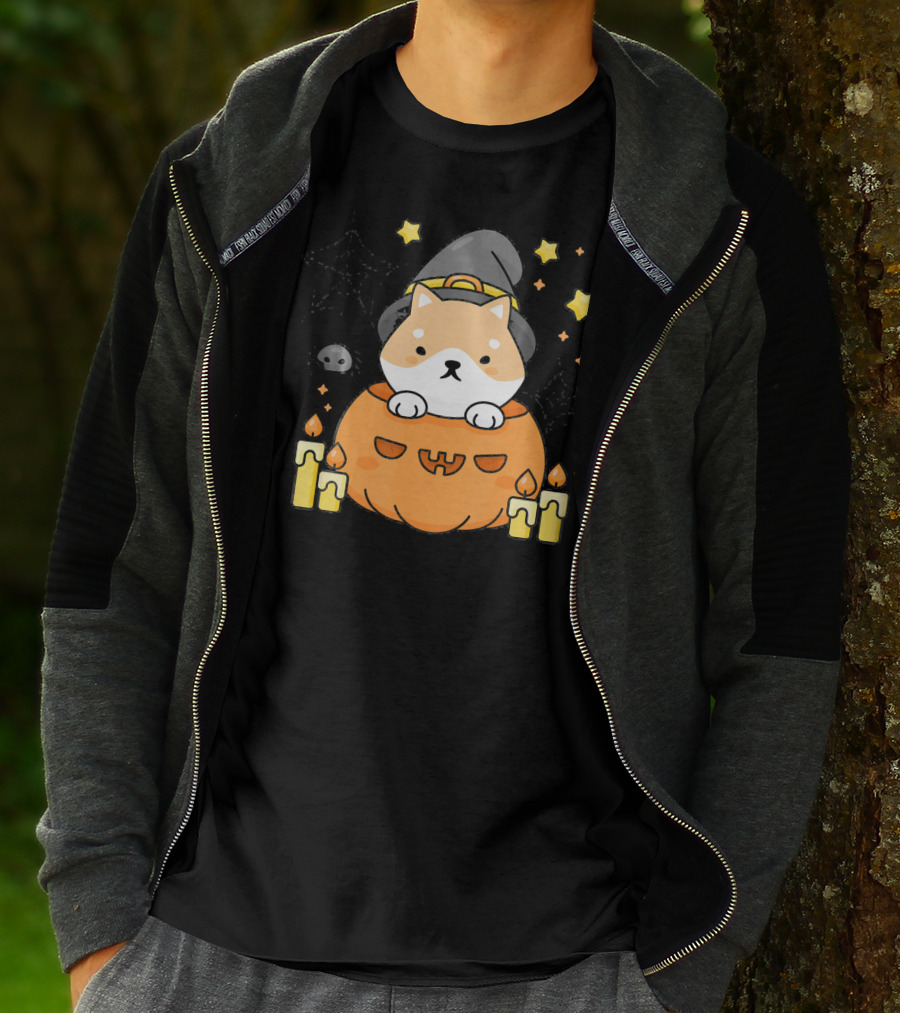 Kawaii Shiba Inu Dog In Witch Hat With Pumpkin And Candles Japanese T-Shirt