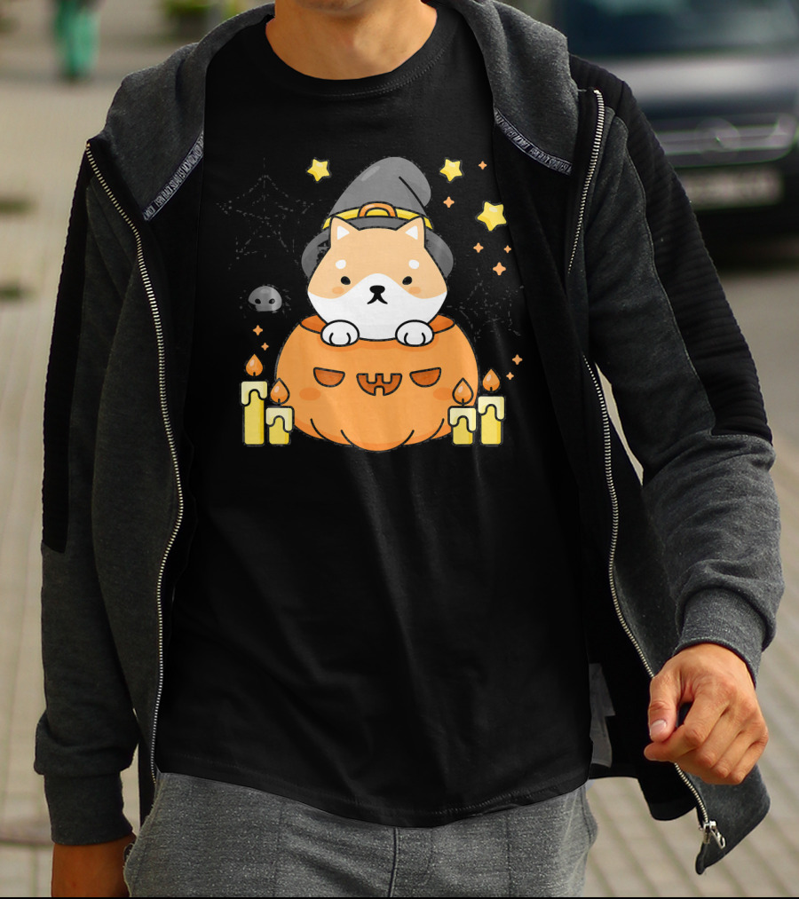 Kawaii Shiba Inu Dog In Witch Hat With Pumpkin And Candles Japanese T-Shirt