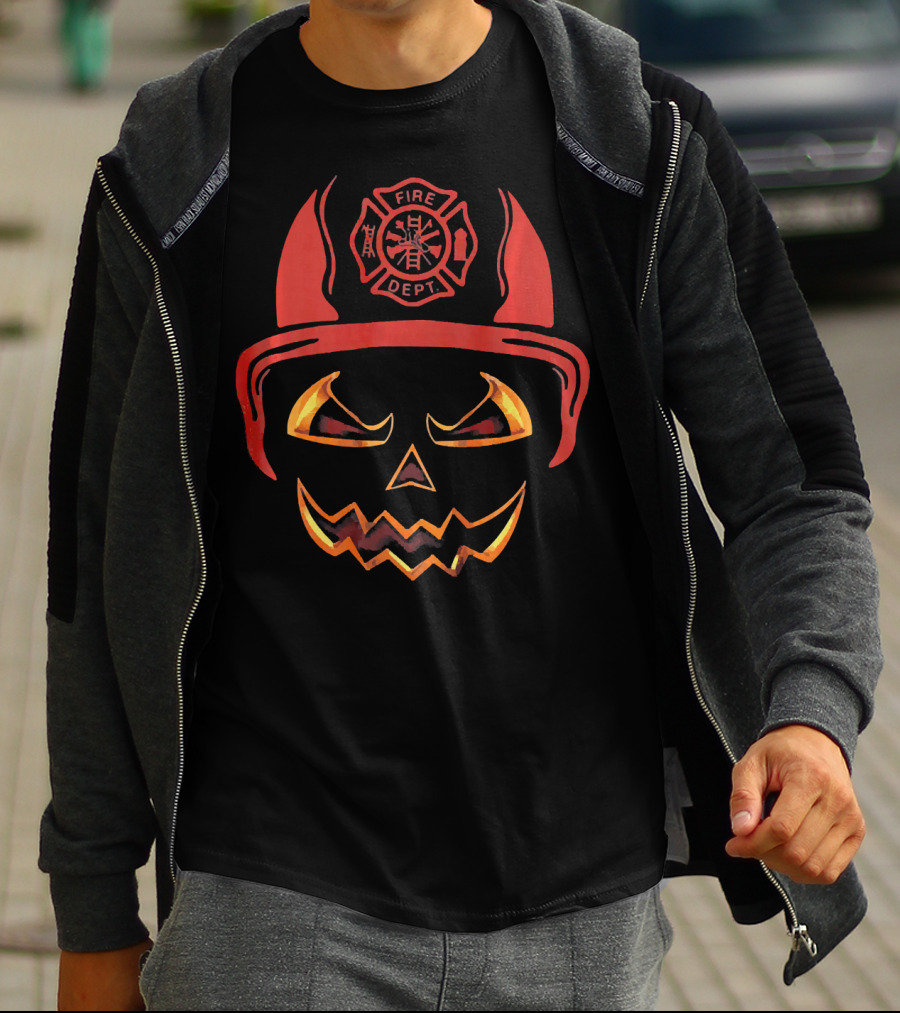 Fire Dept Pumpkin With Firefighter Helmet And Jack-O'-Lantern Face T-Shirt
