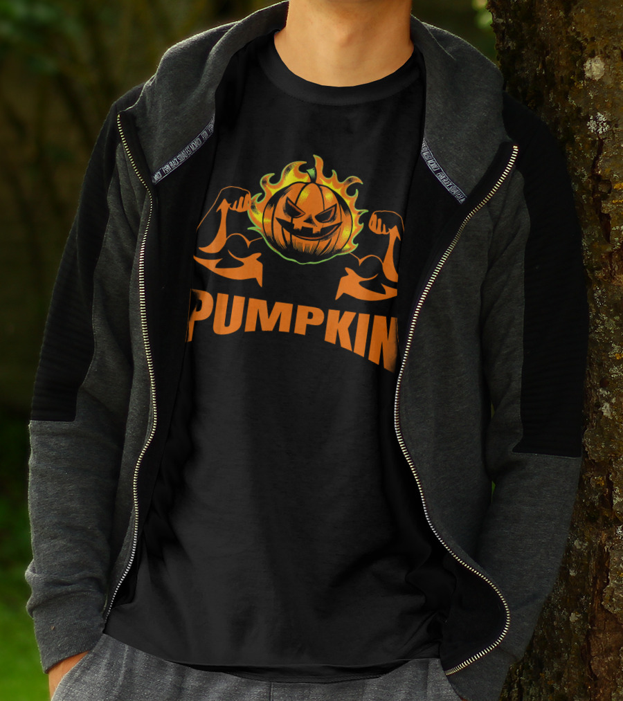 Bodybuilder Pumpkin Halloween Costume Muscles Jack-O'-Lantern T-Shirt