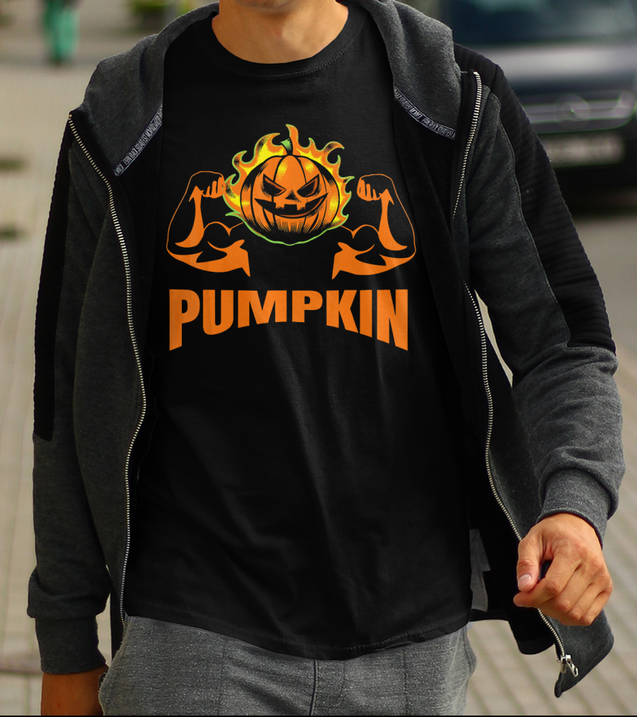 Bodybuilder Pumpkin Halloween Costume Muscles Jack-O'-Lantern T-Shirt