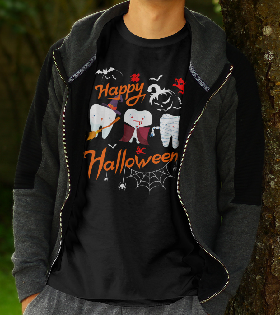 Happy Halloween Witch Vampire Mummy Teeth With Bats And Spiderweb T-Shirt