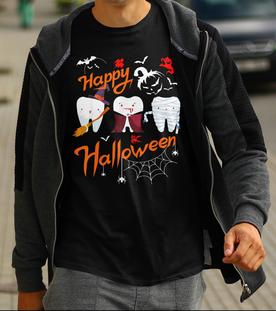 Happy Halloween Witch Vampire Mummy Teeth With Bats And Spiderweb T-Shirt