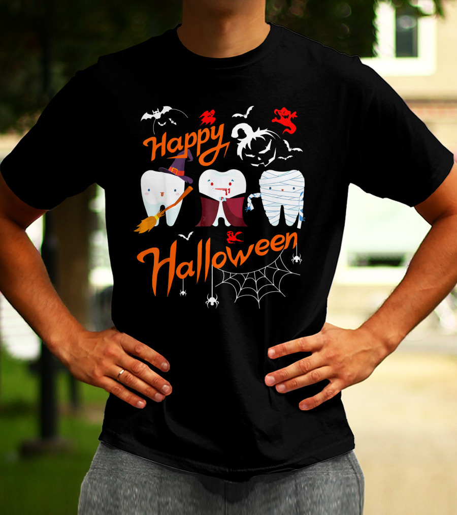 Happy Halloween Witch Vampire Mummy Teeth With Bats And Spiderweb T-Shirt