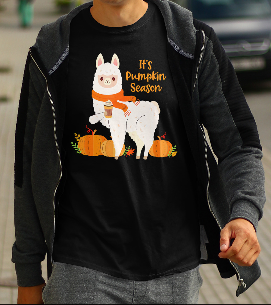 It's Pumpkin Season Llama With Autumn Leaves And Pumpkins T-Shirt