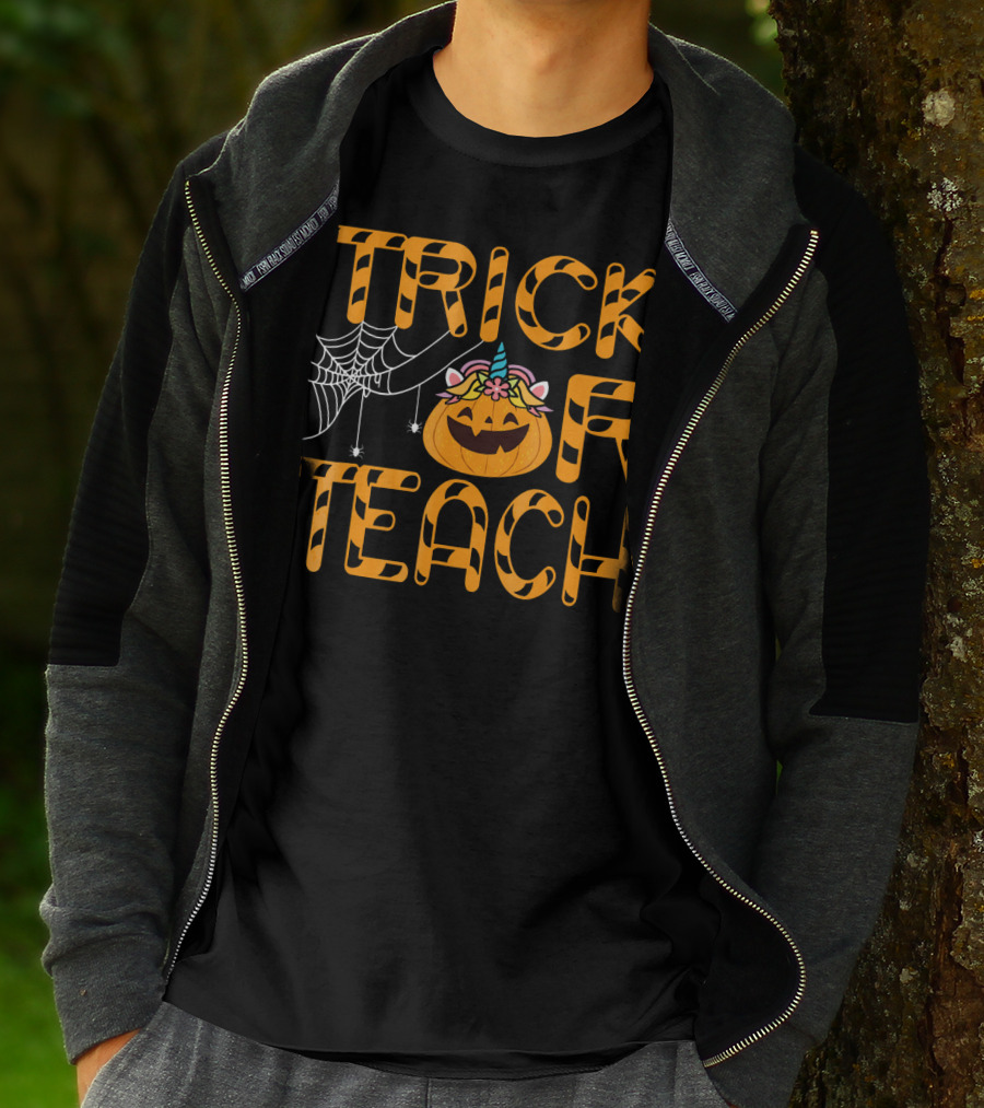 Trick Or Teach Funny Pumpkin Unicorn With Spider Web T-Shirt