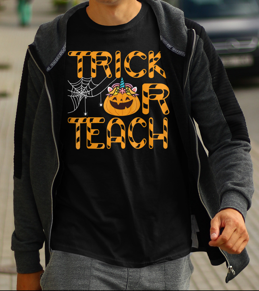 Trick Or Teach Funny Pumpkin Unicorn With Spider Web T-Shirt