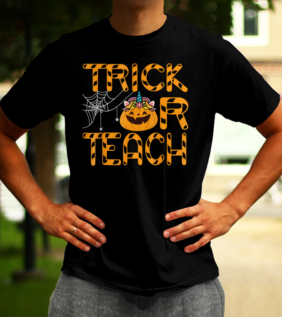 Trick Or Teach Funny Pumpkin Unicorn With Spider Web T-Shirt