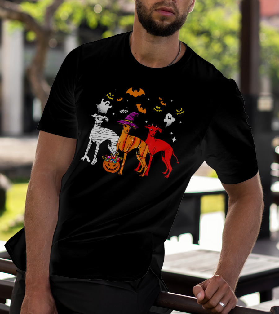Halloween Italian Greyhound Dogs In Witch, Mummy, And Pumpkin Costumes With Ghosts And Bats T-Shirt
