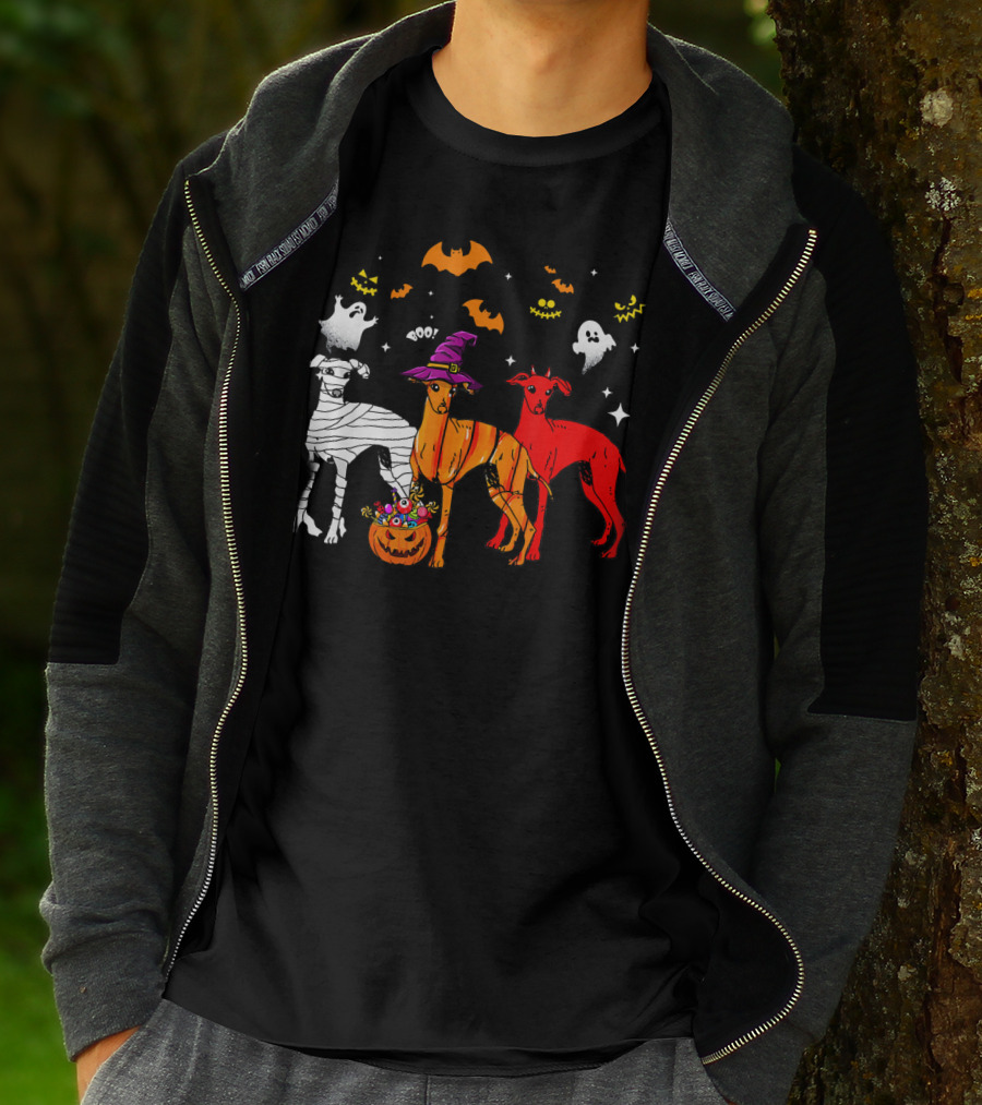 Halloween Italian Greyhound Dogs In Witch, Mummy, And Pumpkin Costumes With Ghosts And Bats T-Shirt