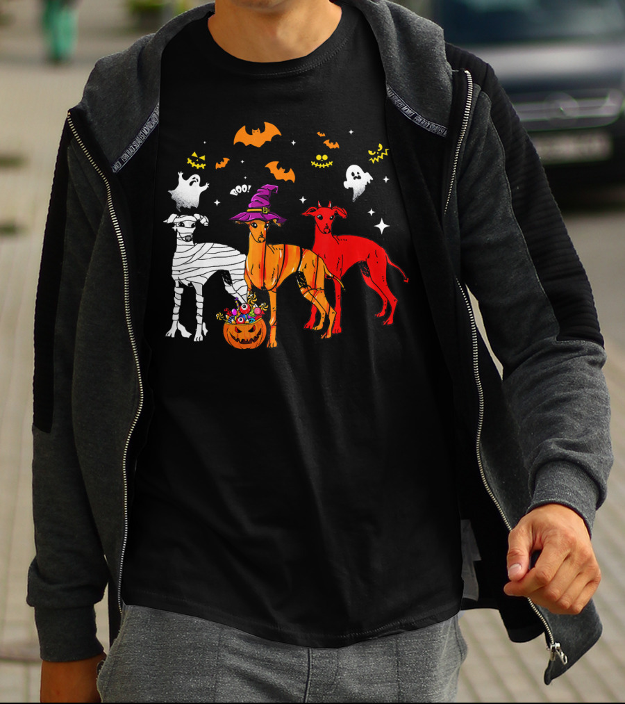 Halloween Italian Greyhound Dogs In Witch, Mummy, And Pumpkin Costumes With Ghosts And Bats T-Shirt