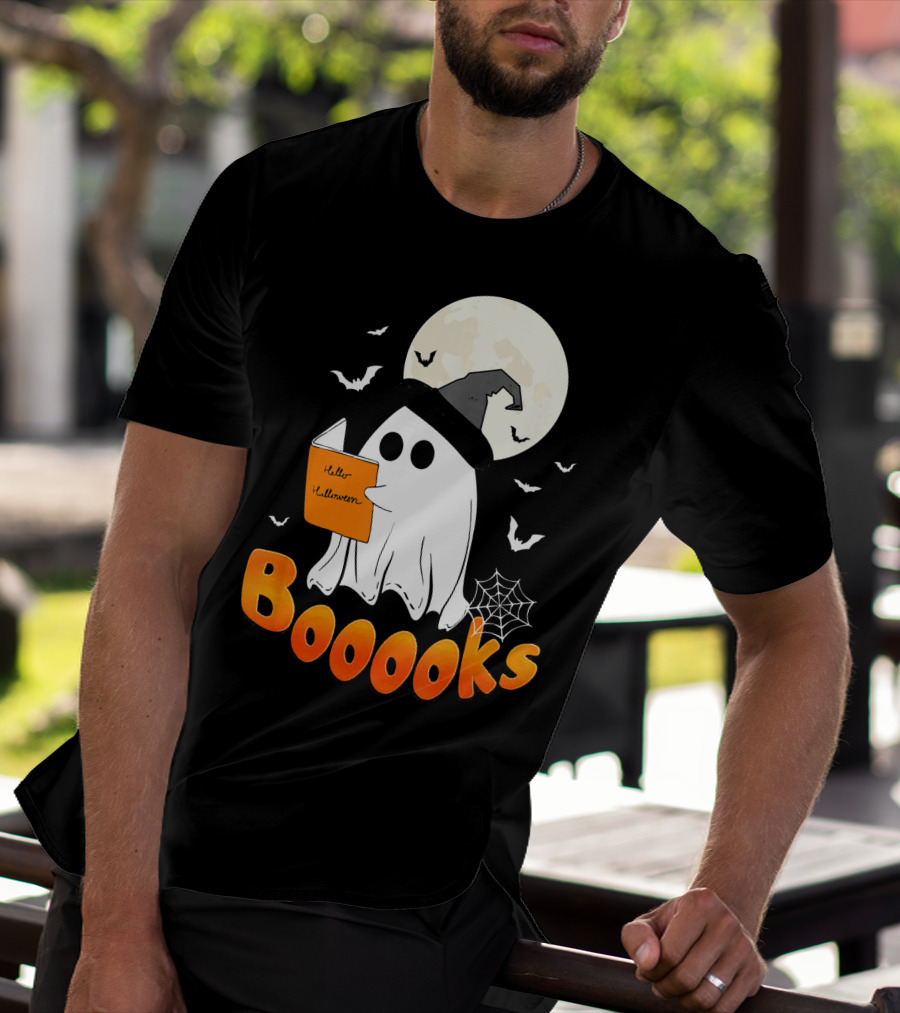 Boooks Ghost Reading Halloween Bats Moon Hat T-Shirt