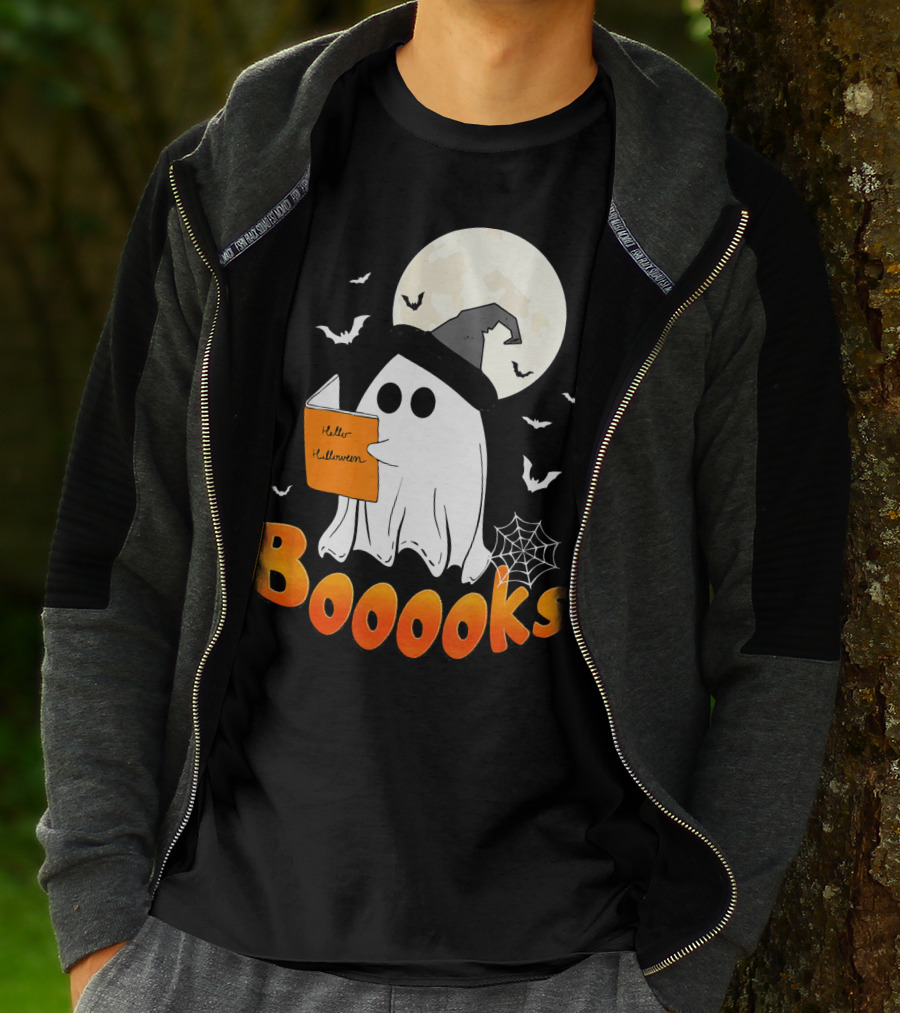 Boooks Ghost Reading Halloween Bats Moon Hat T-Shirt