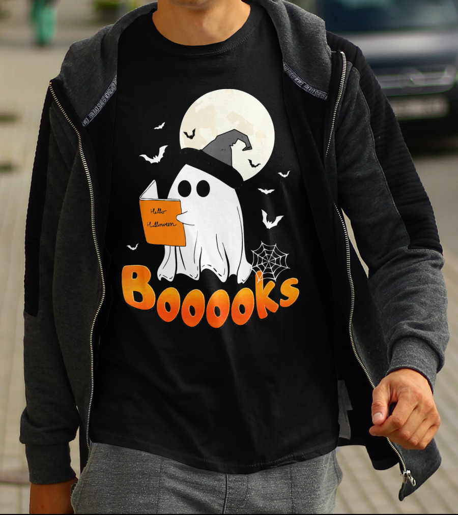 Boooks Ghost Reading Halloween Bats Moon Hat T-Shirt