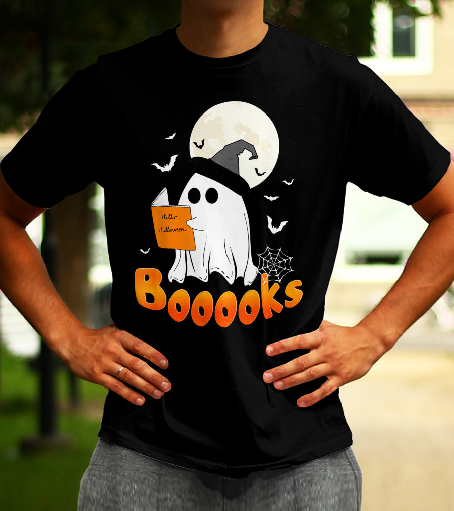 Boooks Ghost Reading Halloween Bats Moon Hat T-Shirt