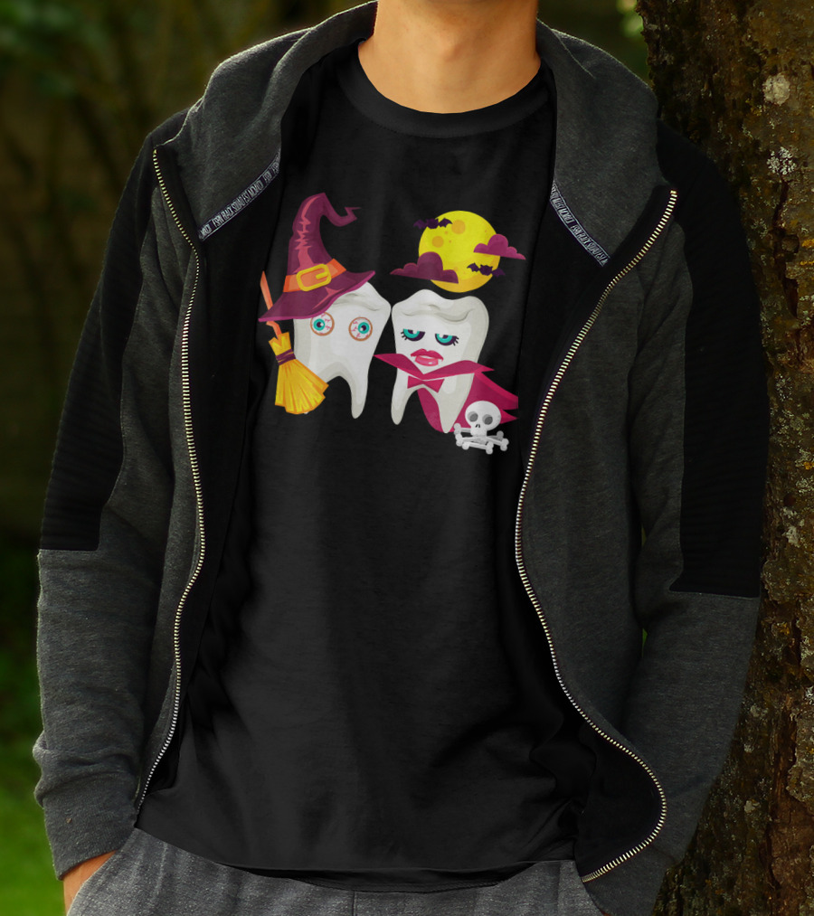 Witch Hat Broom Vampire Teeth Halloween Moon Bats T-Shirt