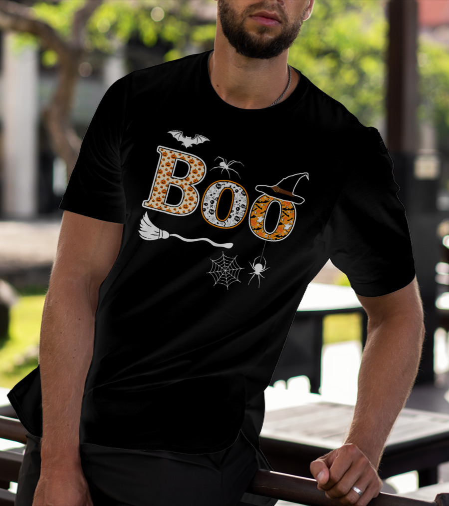Halloween Boo Pumpkin With Witch Hat And Spider Web T-Shirt