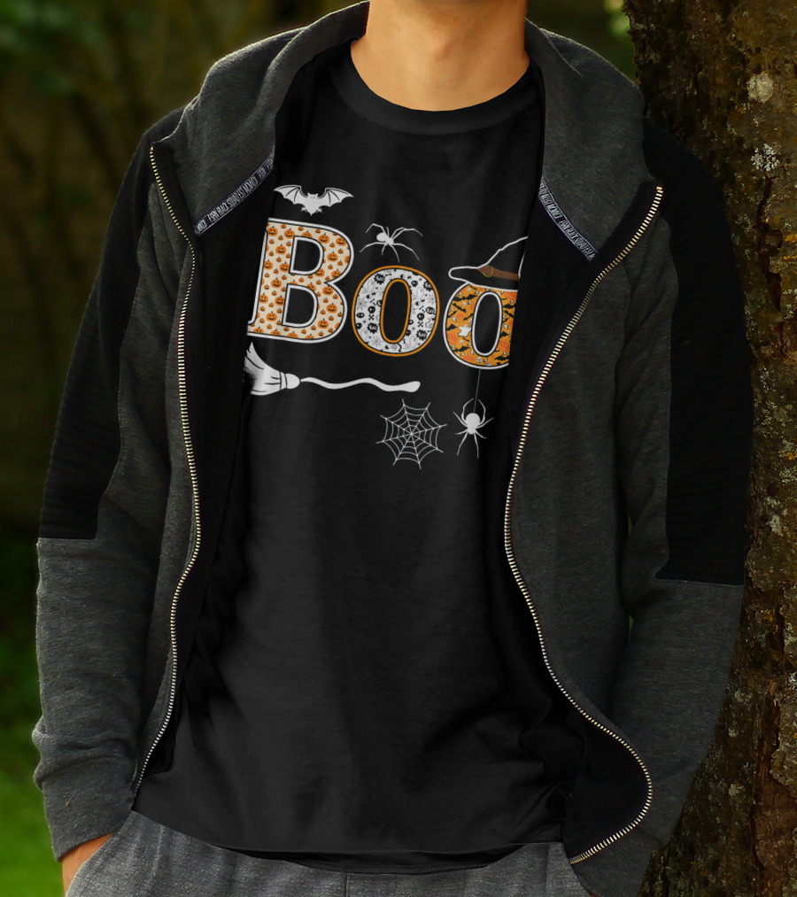 Halloween Boo Pumpkin With Witch Hat And Spider Web T-Shirt