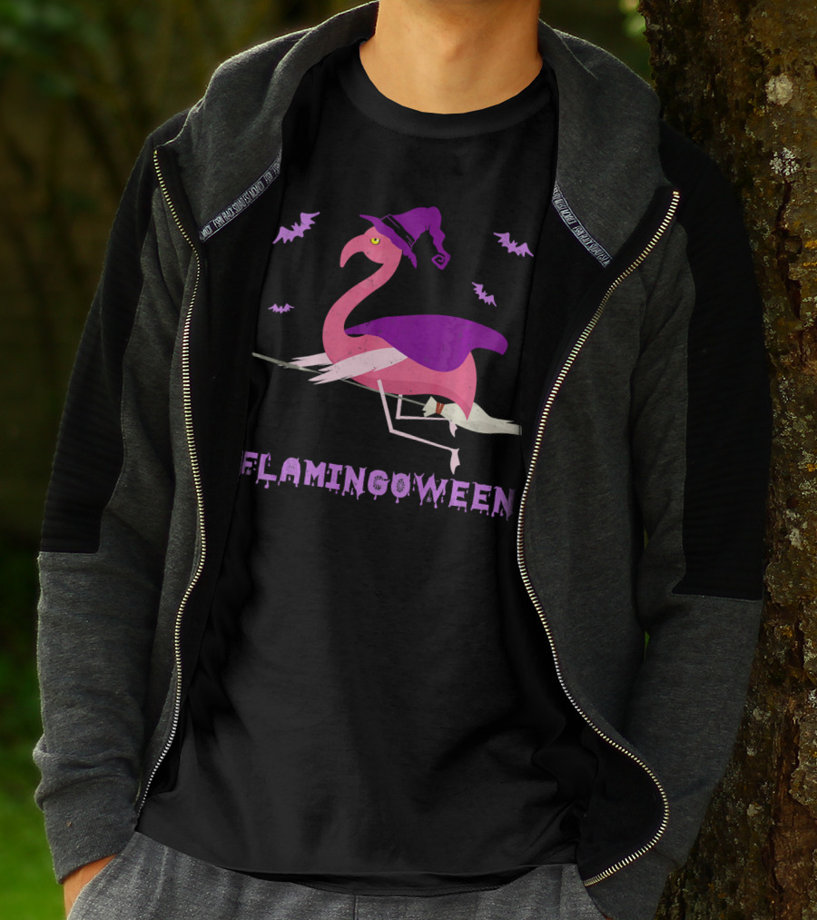 Flamingoween Funny Flamingo Witch With Bats And Broomstick T-Shirt